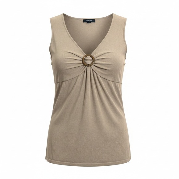 Style & Co. Tops - Style & Co Womens Large Tan Sleeveless Sweater Tank Top O-Ring Ruched Front